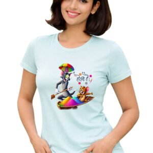 brookfield holi special women's t shirt sea green tom and jerry holi hai print polyester short sleeve casual wear