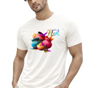 brookfield off white butter cotton oversize printed happy holi t shirt for men festival design